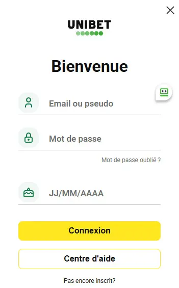 Création de compte sur l'application mobile UNIBET FR - bonus 100% jusqu'à 2 000 € + 200 FS